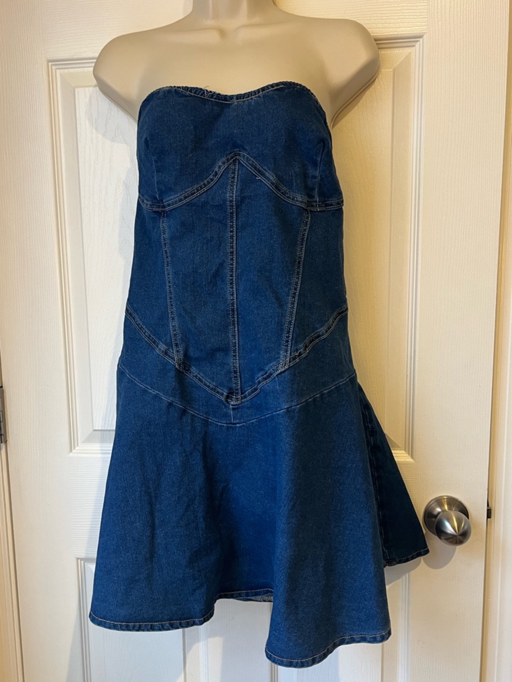 Shein Curve 3XL BAE Dark Wash Denim Mini Dress Strapless Drop Waist Flare NWOT